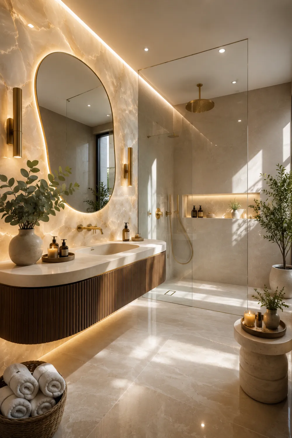 Luxury onyx feature bathroom showcasing a glowing illuminated ivory onyx accent wall, floating curved walnut vanity with a white quartz countertop, oversized organic LED mirror, brushed brass fixtures, frameless glass shower, recessed illuminated niches, candles, fresh greenery, and premium spa inspired bathroom décor.