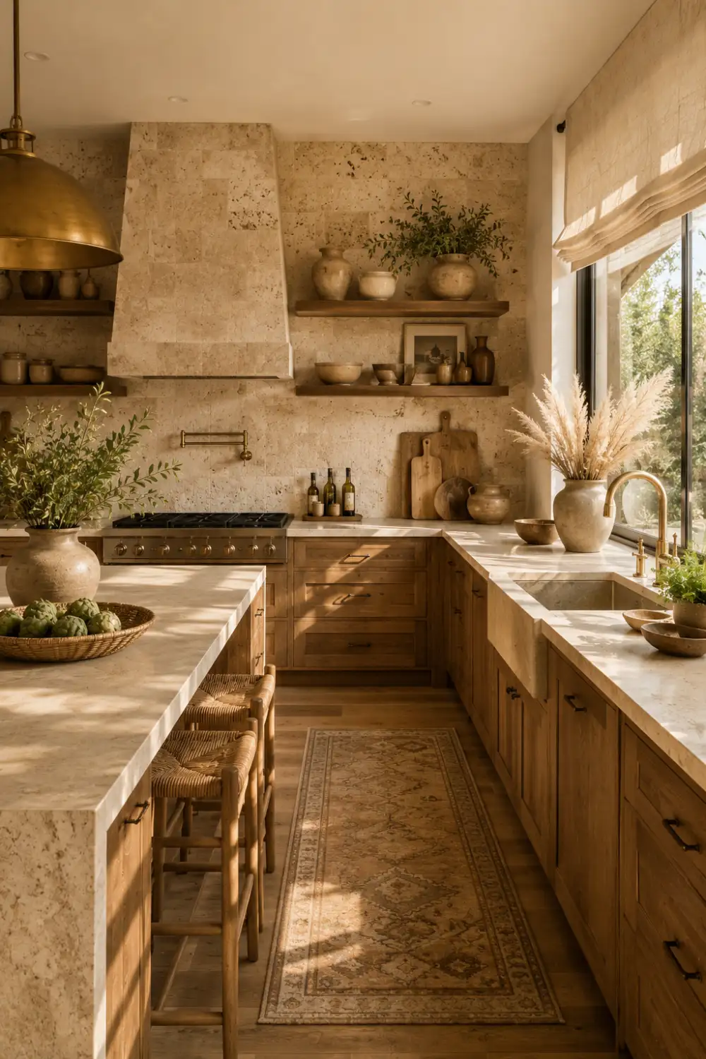 Warm limestone tile kitchen backsplash featuring soft natural stone, light wood cabinetry, floating shelves, white countertops, brushed brass fixtures, ceramic pottery, woven decor, fresh greenery, and bright natural daylight. This European inspired kitchen blends organic textures and timeless neutral colors to create a welcoming and sophisticated living space.