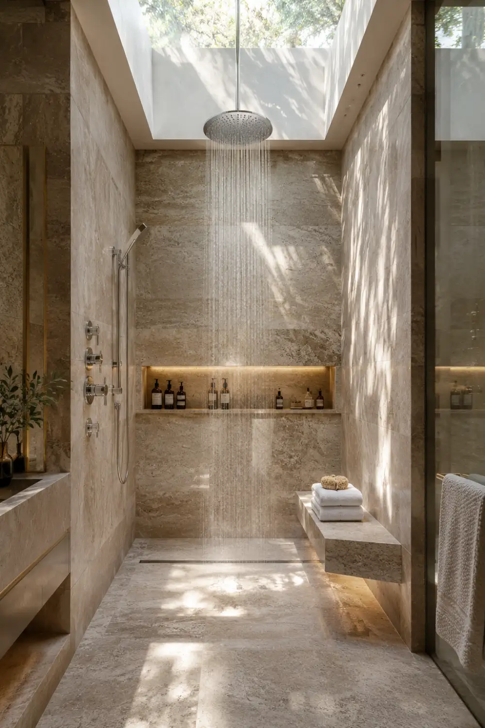 Luxury skylight shower with natural stone walls, floating bench, rainfall showerhead, illuminated niche, and bright spa-inspired bathroom design.