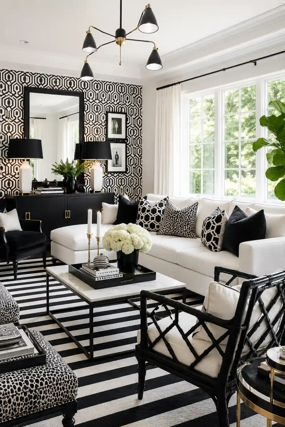Pattern-focused black and white living room with geometric wallpaper, striped rug, patterned pillows, white sofa, and stylish decor.
