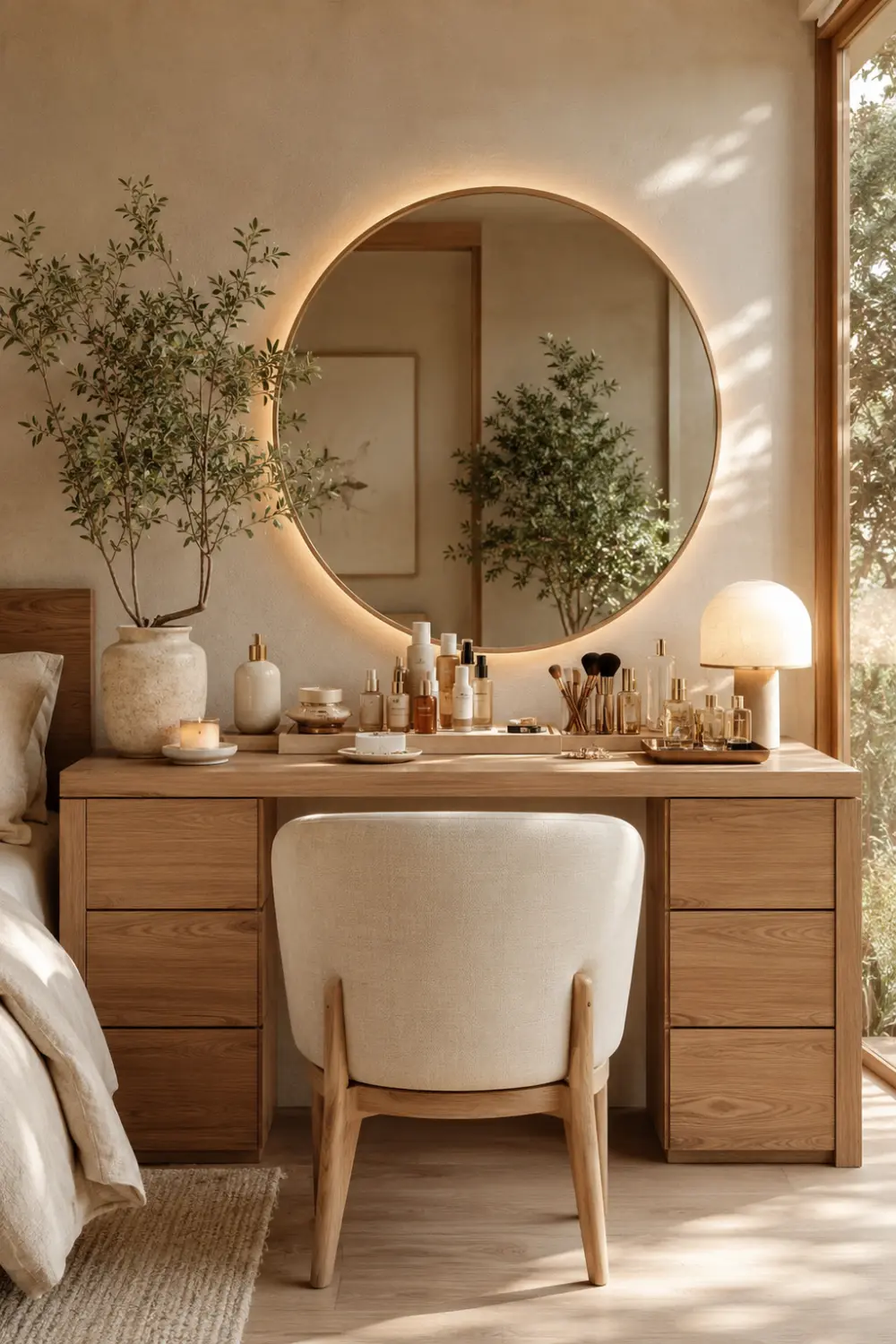 Japandi luxury dressing table with natural oak wood, round backlit mirror, minimalist decor, skincare products, organic styling, upholstered chair, and serene modern bedroom interior