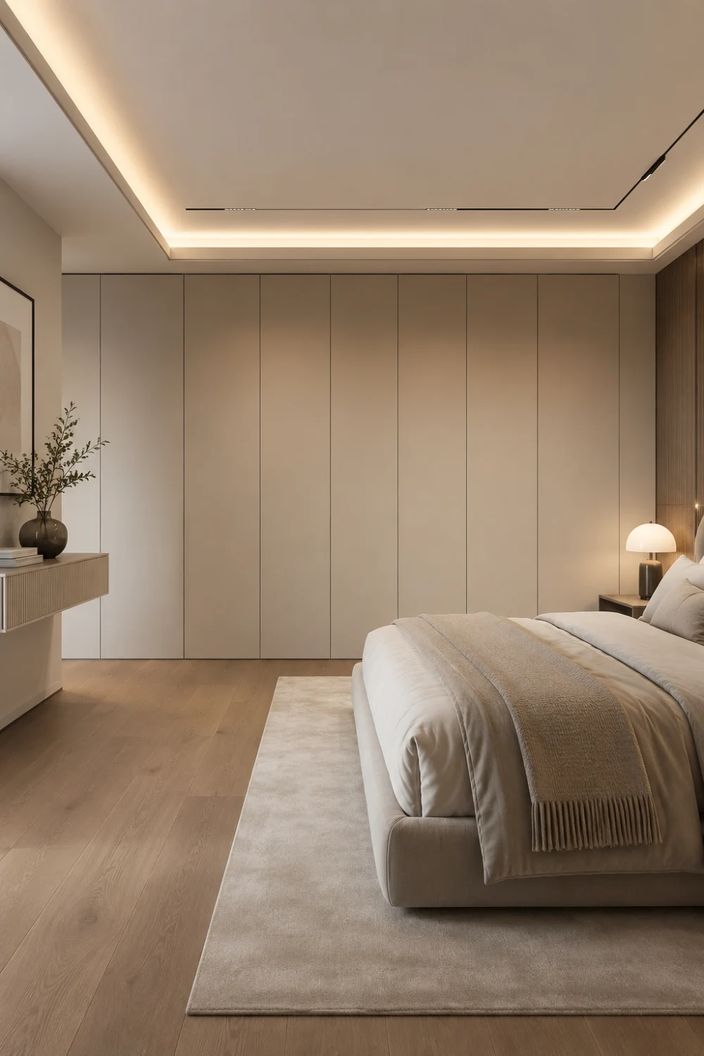 Seamless built-in wall wardrobe with floor-to-ceiling panels, hidden storage, neutral tones, and a sleek minimalist bedroom interior.