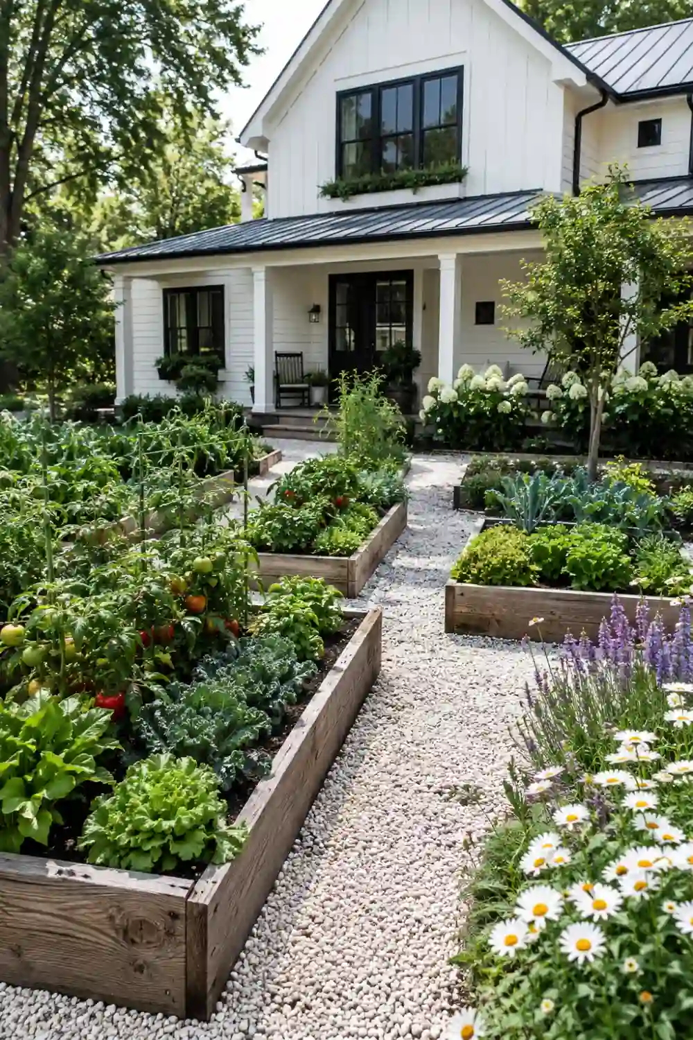 White gravel front yard vegetable garden featuring raised wooden beds filled with tomatoes, lettuce, kale, herbs, peppers, and leafy greens connected by bright gravel pathways in front of a modern farmhouse home.