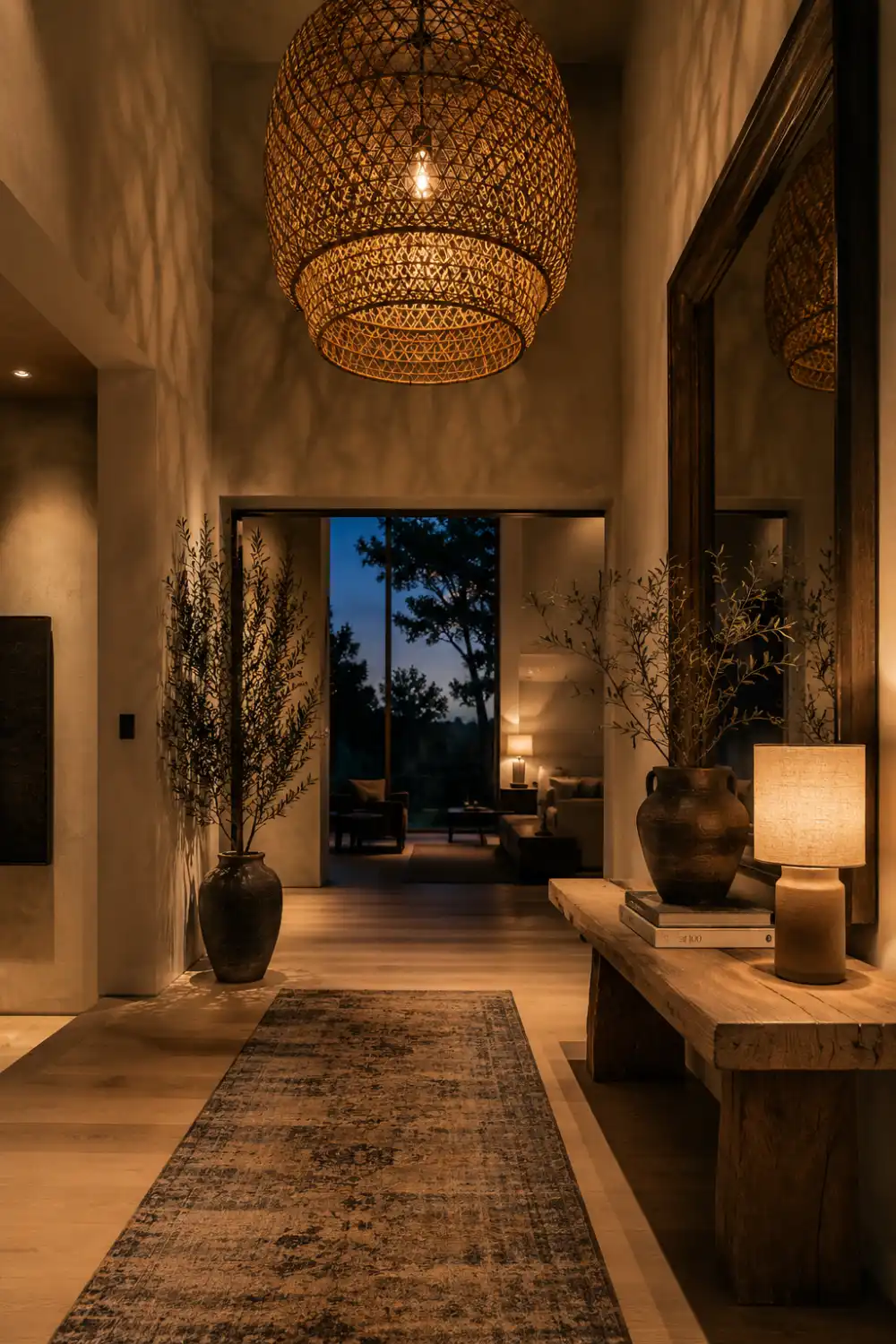 Luxury hallway with oversized woven pendant light, rustic console table, decorative pottery, textured runner rug, warm ambient lighting, natural wood finishes, and dramatic evening atmosphere creating a designer-inspired interior.