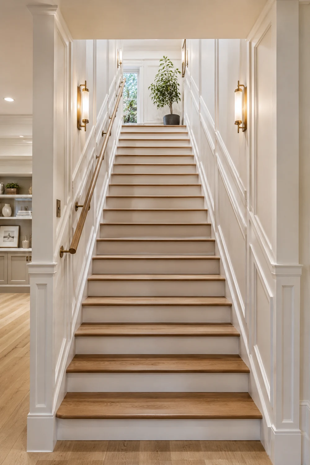 Two-tone painted basement staircase with white risers, natural wood treads, decorative wall molding, brass lighting, and modern classic design