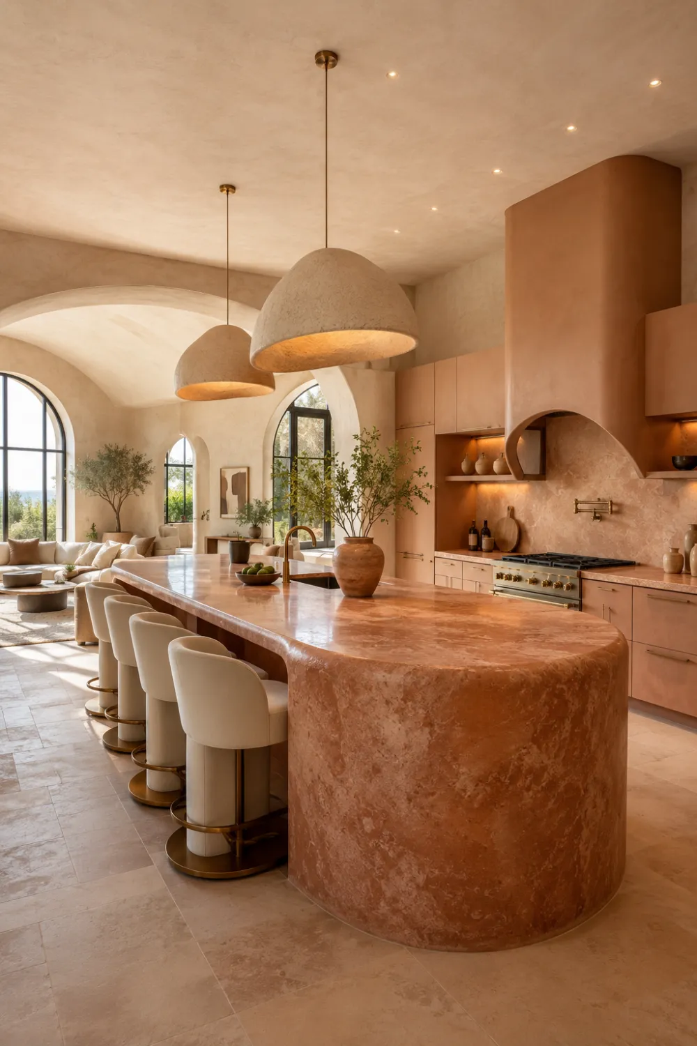Curved island open kitchen featuring a large terracotta stone island with rounded edges, arched architectural details, sculptural pendant lights, luxury seating, warm neutral tones, and a sophisticated Mediterranean-inspired open concept design.