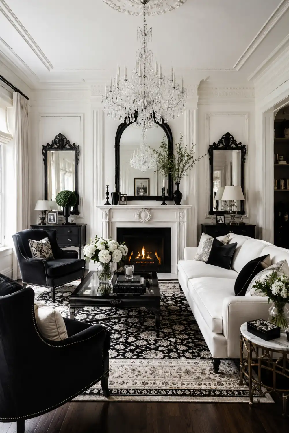 Traditional black and white living room with crystal chandelier, fireplace, ornate mirrors, white sofa, black chairs, and classic decor.