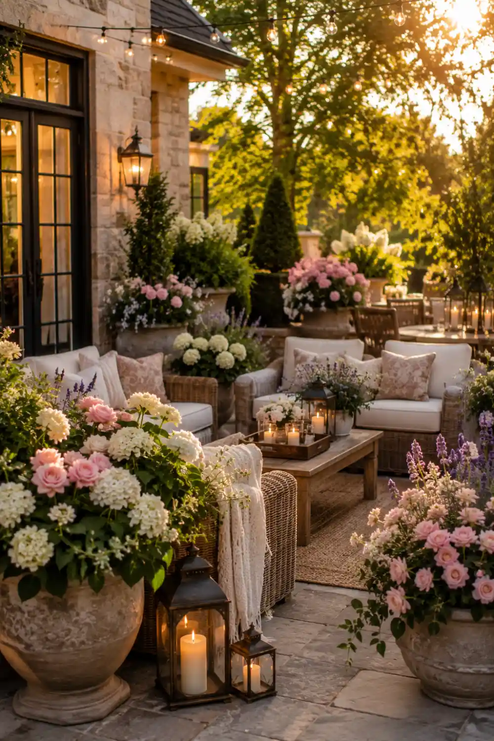 Beautiful outdoor patio decorated with roses, hydrangeas, lavender, lanterns, cozy seating, candles, large flower planters, and warm evening lighting creating a luxurious garden retreat.