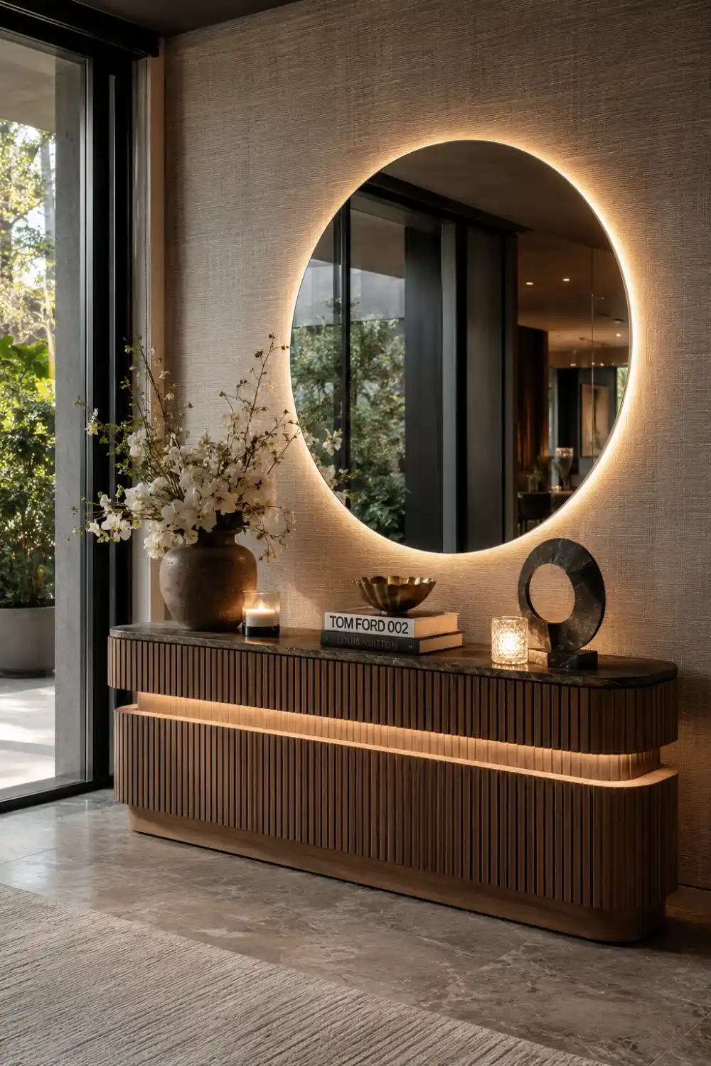 Modern ribbed console table with integrated LED lighting, illuminated round mirror, candles, floral arrangement, decorative accessories, and luxury contemporary entryway decor.