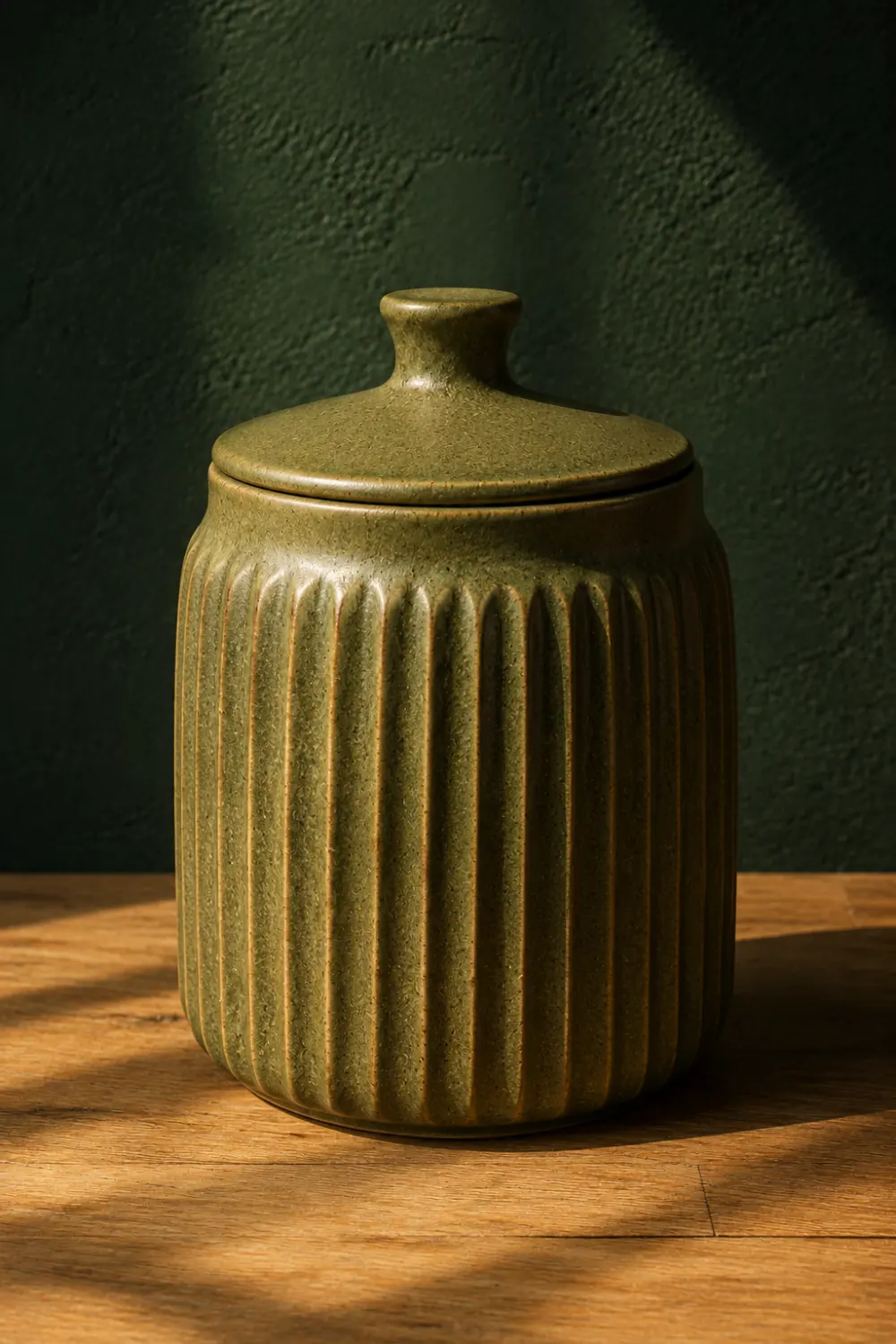 Ribbed clay storage jar with lid and textured olive green ceramic finish displayed on a wooden surface. Functional handmade pottery decor for kitchen organization, pantry storage, and modern farmhouse interiors.