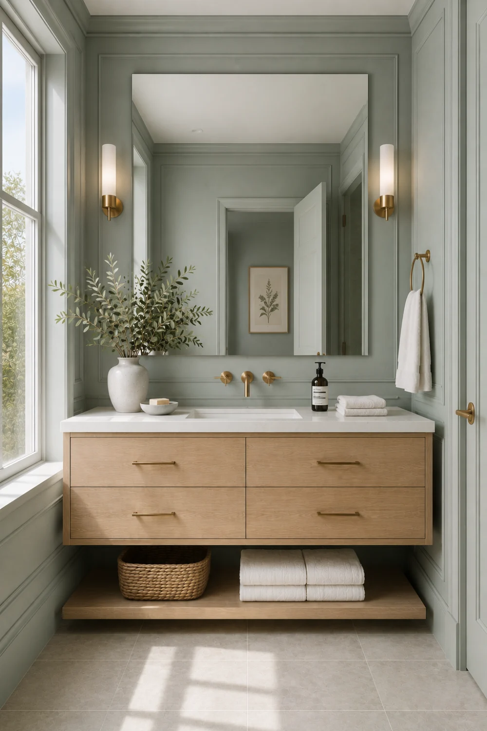 Sea salt green gray bathroom paint color with decorative wall panels, wood vanity, brass fixtures, modern mirror, and luxury bathroom makeover