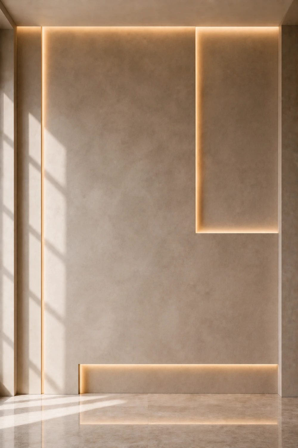 Seamless microcement accent wall with smooth textured finish and integrated linear LED lighting, minimalist luxury interior design, modern architectural feature wall for contemporary homes.