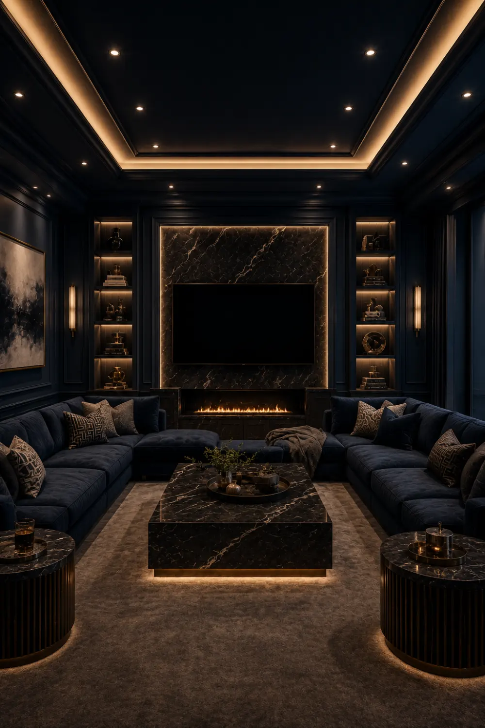 Midnight Teal media room with deep teal walls, luxury sectional sofas, black marble coffee table, fireplace, built in shelving, ambient lighting, and dramatic interior design.