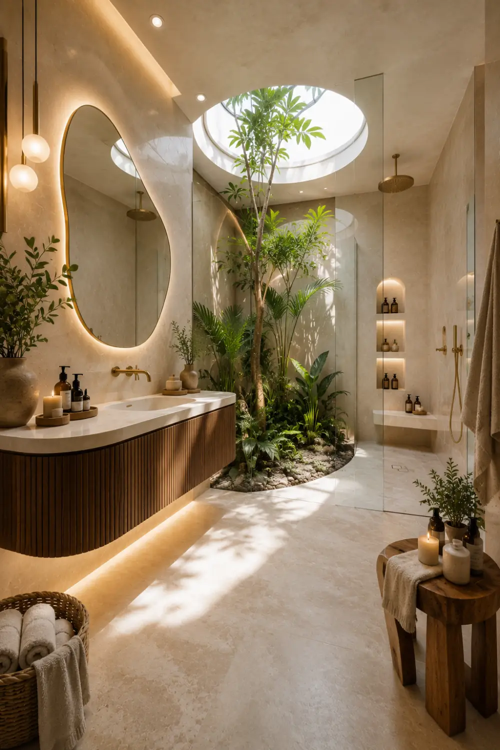 Luxury skylight courtyard bathroom featuring a stunning indoor tropical garden beneath a large circular skylight, floating fluted wood vanity, oversized organic LED mirror, frameless glass shower, brushed brass fixtures, natural stone flooring, lush greenery, soft ambient lighting, and elegant spa inspired bathroom design.