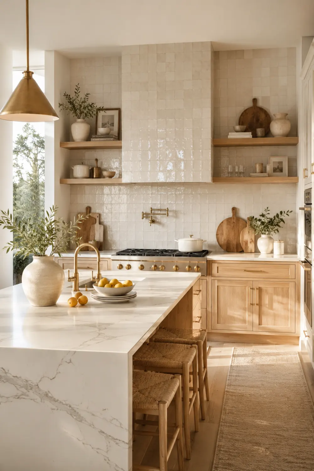 Handmade white Zellige tile kitchen backsplash with glossy handcrafted ceramic tiles, white shaker cabinets, marble countertops, floating oak shelves, brushed brass fixtures, decorative pottery, fresh greenery, oversized windows, and warm natural sunlight. This luxury organic kitchen showcases timeless craftsmanship, elegant textures, and a bright inviting atmosphere for modern home inspiration.