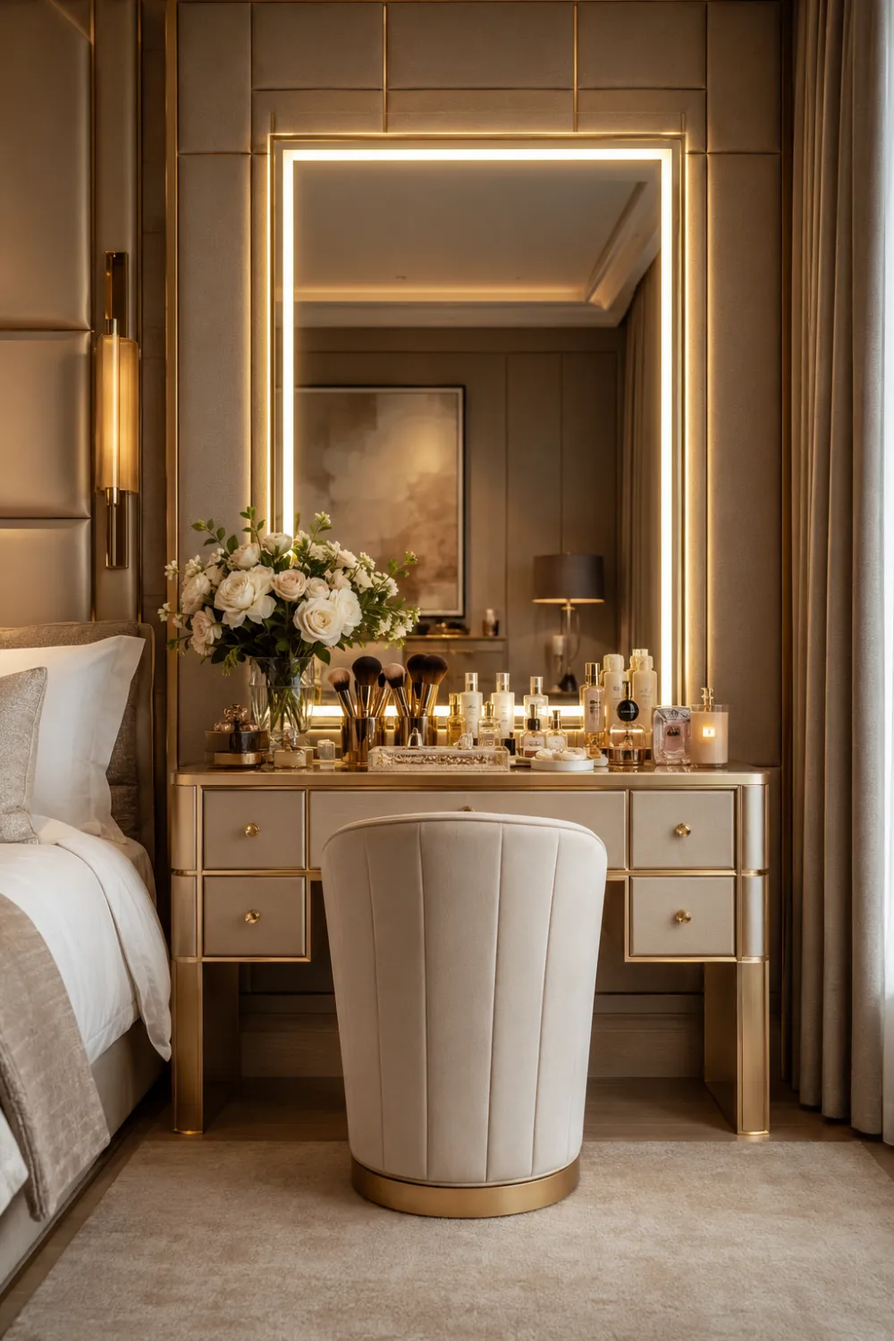 LED backlit statement dressing table with oversized illuminated mirror, luxury beauty products, floral arrangements, upholstered chair, decorative candles, and contemporary designer bedroom interior