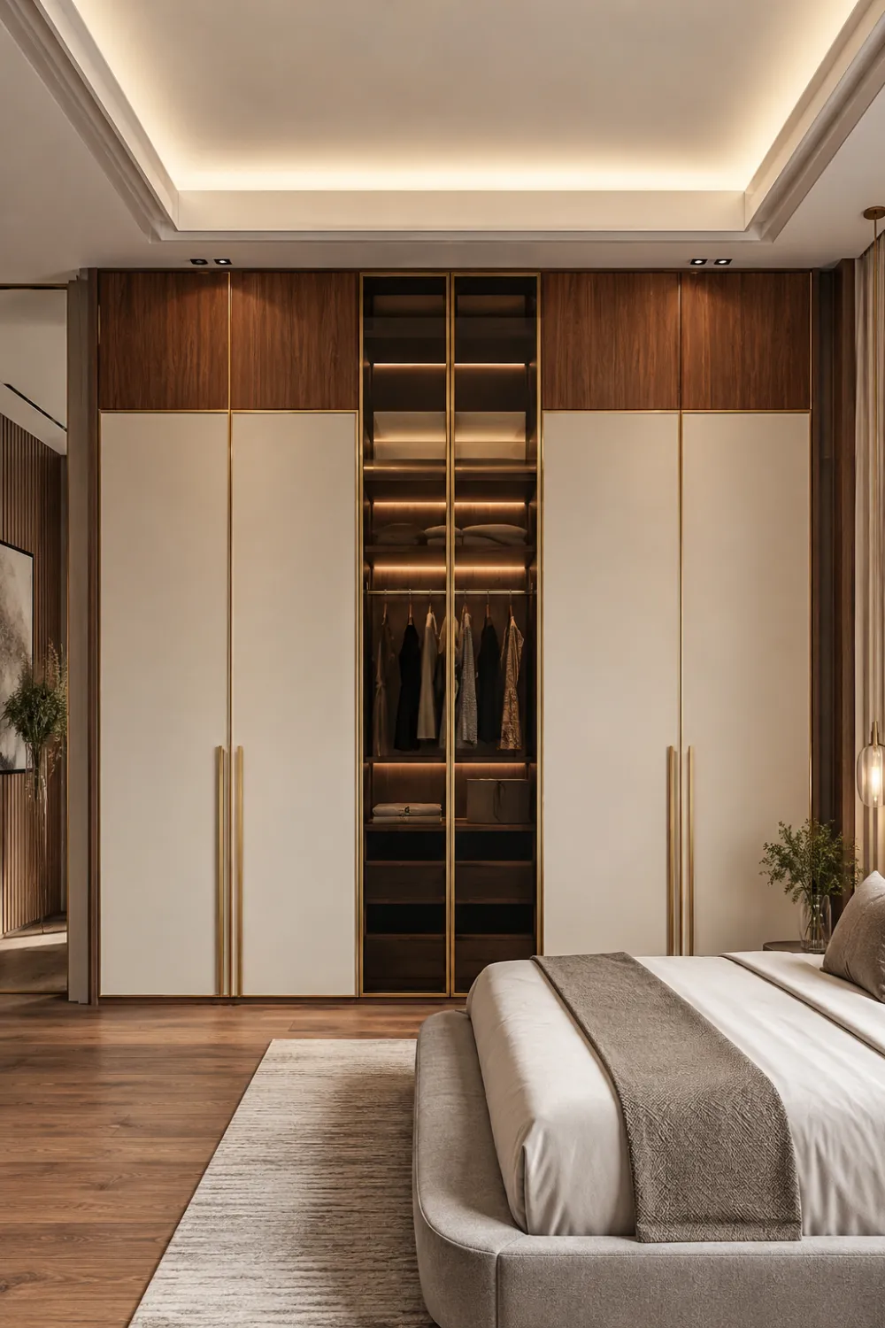 Two-tone wardrobe featuring walnut wood panels, cream cabinet doors, gold accents, illuminated center display shelving, and luxury bedroom styling.