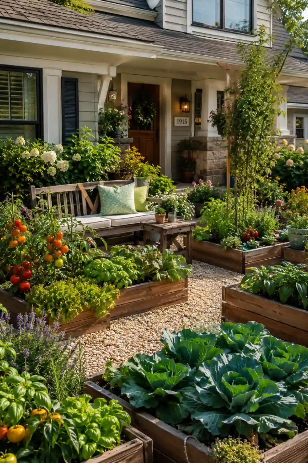 Courtyard-style front yard vegetable garden with raised wooden beds growing cabbage, tomatoes, basil, peppers, herbs, and leafy greens surrounding a cozy outdoor seating area with gravel pathways and lush landscaping.