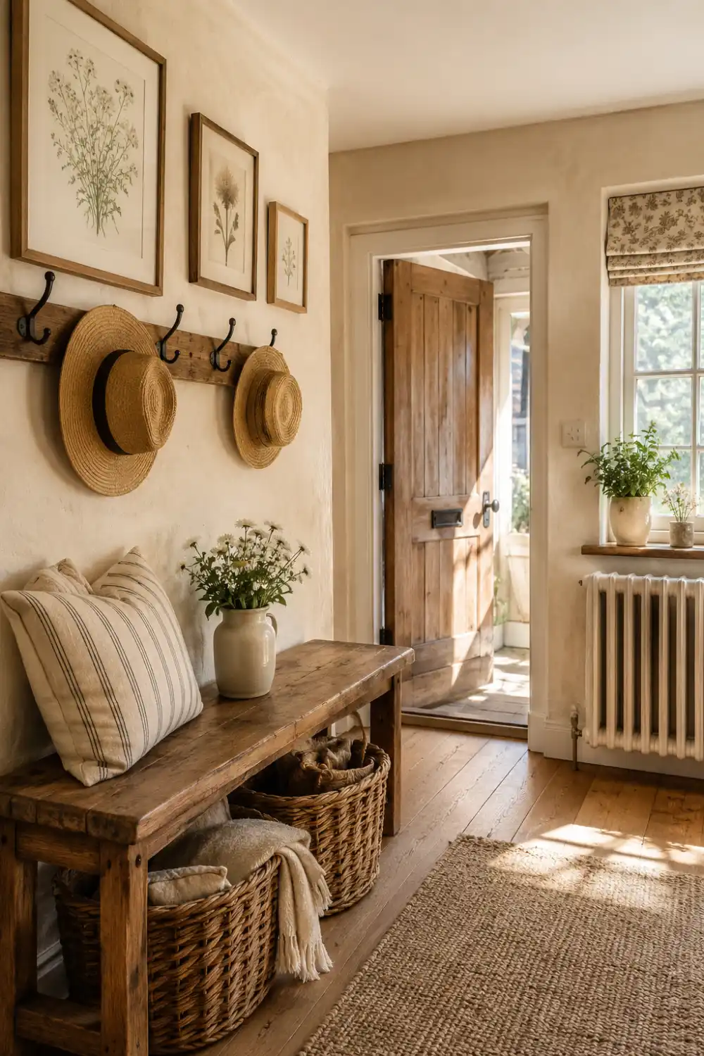 Cozy cottage entry hallway with rustic wooden bench, woven baskets, decorative wall hooks, straw hats, botanical artwork, natural wood flooring, fresh flowers, and soft sunlight creating a charming welcoming atmosphere.