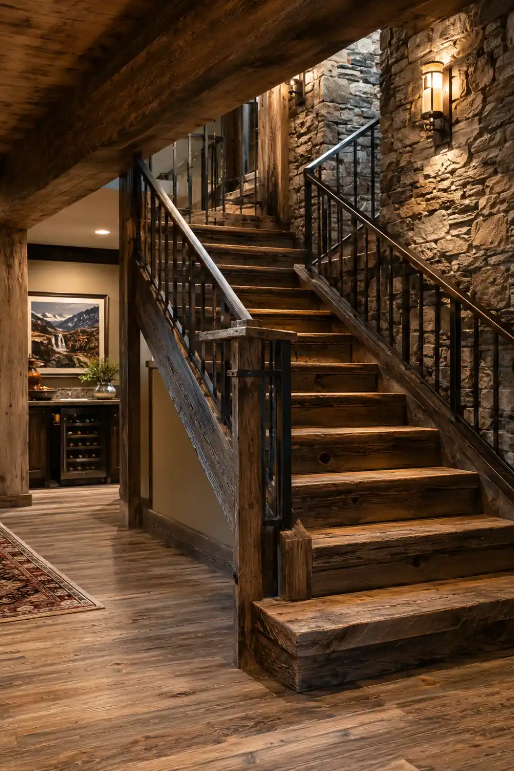 Rustic reclaimed wood basement staircase with stone accent walls, dark metal railing, exposed wood beams, and mountain lodge style interior
