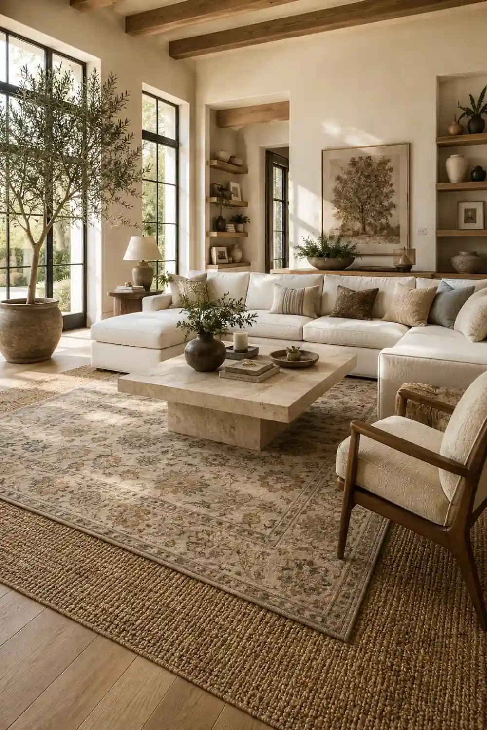 Layered area rugs featuring a woven natural fiber base rug topped with a vintage-inspired patterned rug in a luxury living room. Neutral furniture, natural textures, and designer styling create a warm and inviting interior.