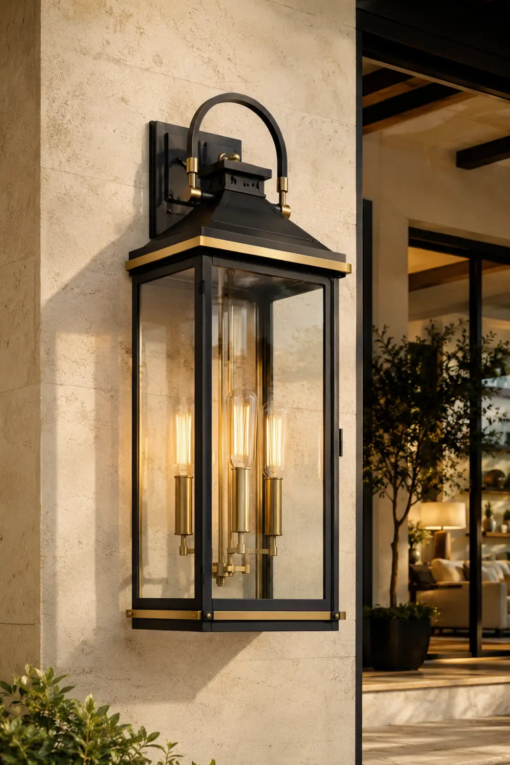 Oversized designer wall lantern featuring a black metal frame, clear glass panels, and warm Edison-style bulbs mounted on a luxury exterior wall, creating a welcoming and upscale architectural statement.