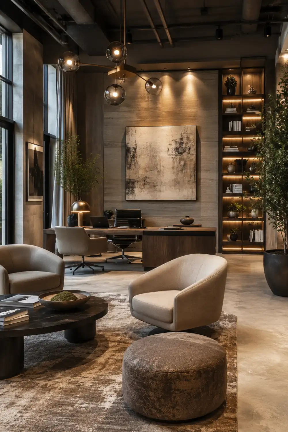 Futuristic smart office featuring advanced lighting systems, modern executive furniture, integrated technology, designer décor, ambient illumination, and innovative workspace architecture with a sleek contemporary aesthetic.