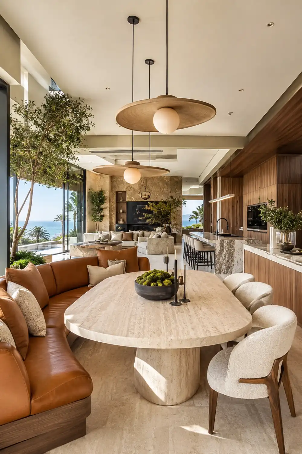 Boutique hotel-inspired breakfast nook with curved camel leather banquette, oversized travertine dining table, designer pendant lighting, floor-to-ceiling glass walls, luxury kitchen backdrop, and upscale modern interior.