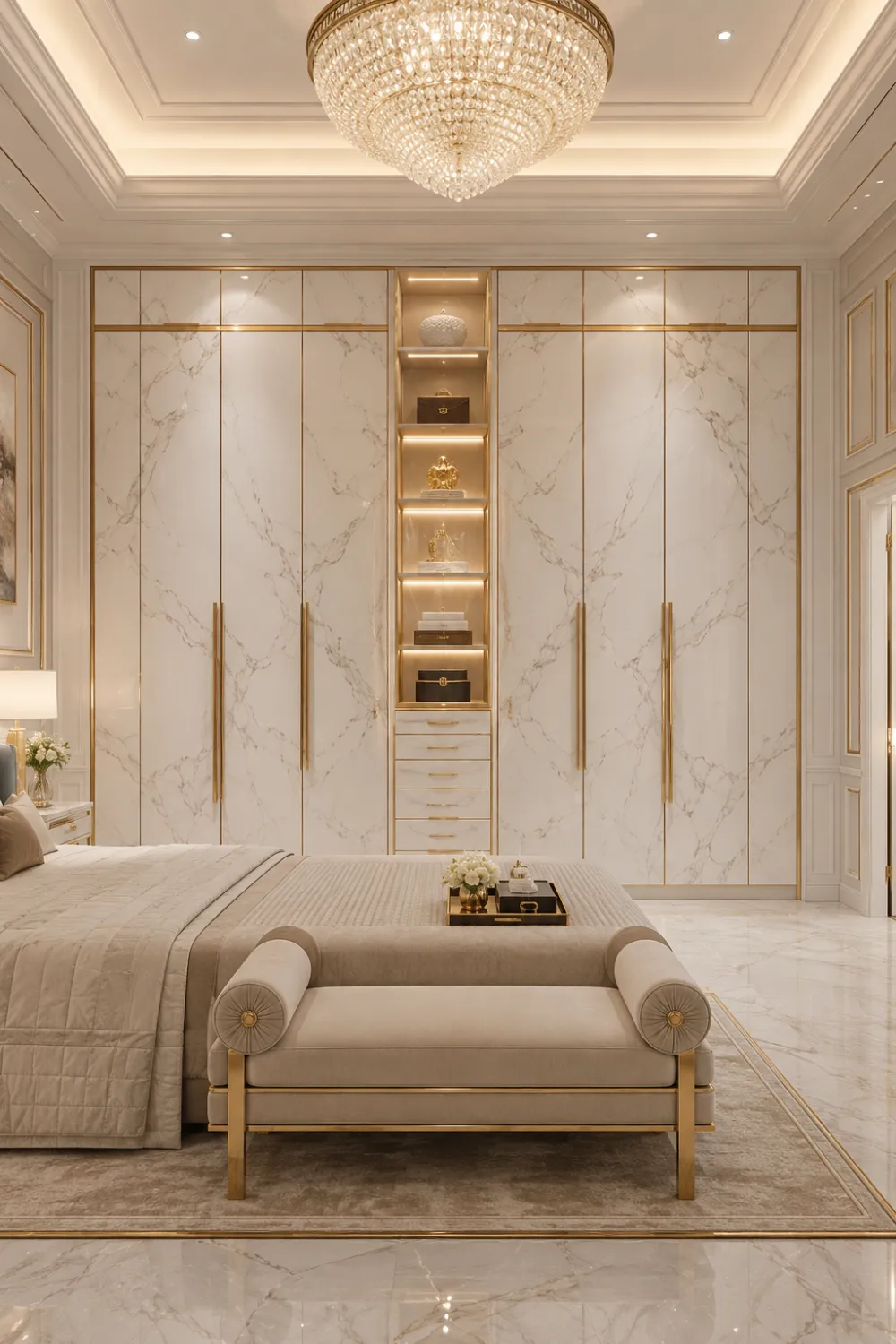 Marble-effect wardrobe with gold trim accents, illuminated display shelving, luxury bedroom furnishings, crystal chandelier, and premium storage design.