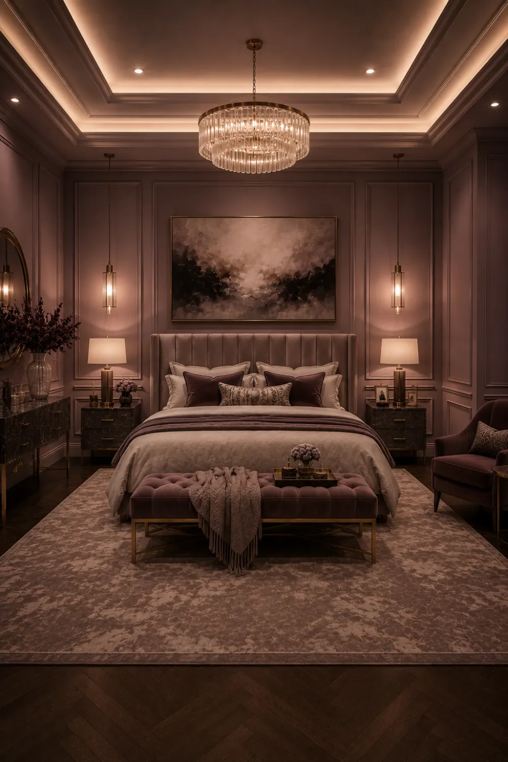 Smoky Mauve luxury bedroom with soft mauve walls, upholstered bed, crystal chandelier, dark wood furniture, warm lighting, elegant decor, and sophisticated bedroom interior design.