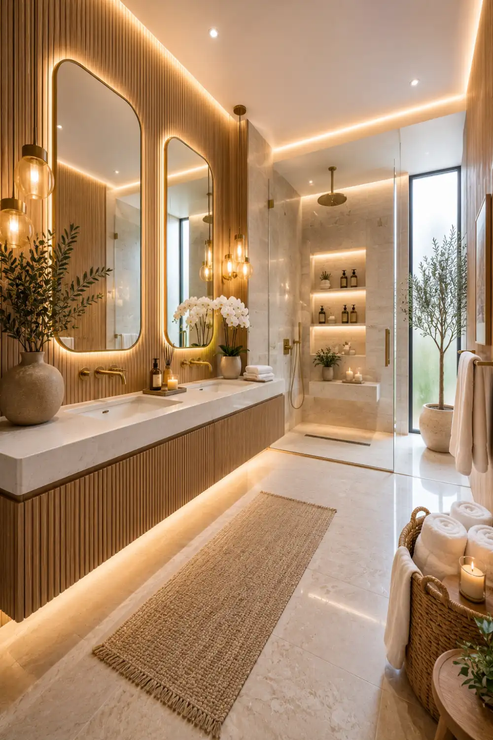 Contemporary ribbed wood and stone bathroom featuring a full height wood panel feature wall, floating double vanity with a white stone countertop, tall backlit mirrors, brushed brass fixtures, frameless glass walk in shower, illuminated recessed shelving, fresh orchids, woven baskets, and luxurious modern bathroom décor.