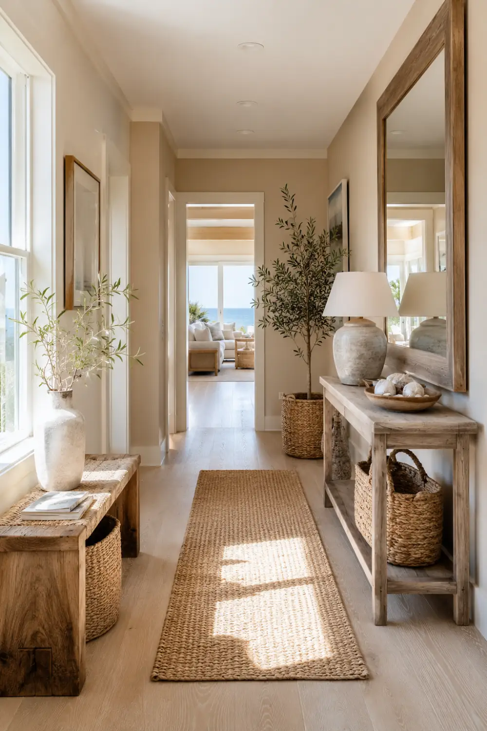 Sunlit coastal hallway with woven runner rug, weathered wood console table, oversized mirror, woven baskets, ceramic decor, indoor olive tree, neutral color palette, and bright natural light creating an airy beach-inspired interior.