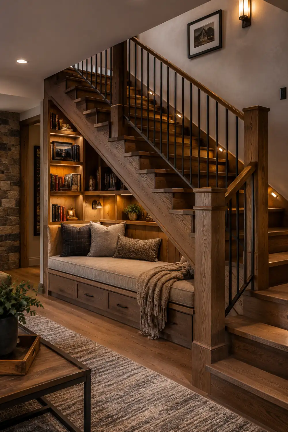Hidden reading nook under basement stairs with built-in bench seating, bookshelves, warm lighting, wood cabinetry, and cozy relaxation corner