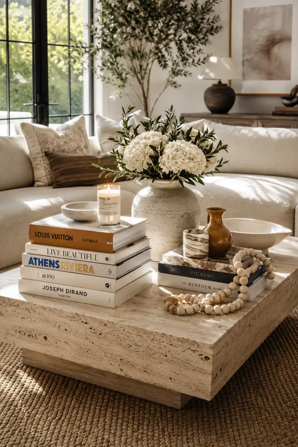 Luxury coffee table styled with decorative books, candles, flowers, stone accessories, and designer decor accents. Elegant arrangement creates a sophisticated focal point while showcasing one of the easiest home styling trends.