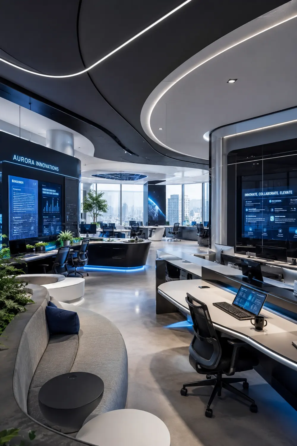 Futuristic technology hub office with curved architectural elements, digital displays, smart workstations, LED lighting, collaborative work zones, modern furnishings, and cutting-edge corporate workspace design.