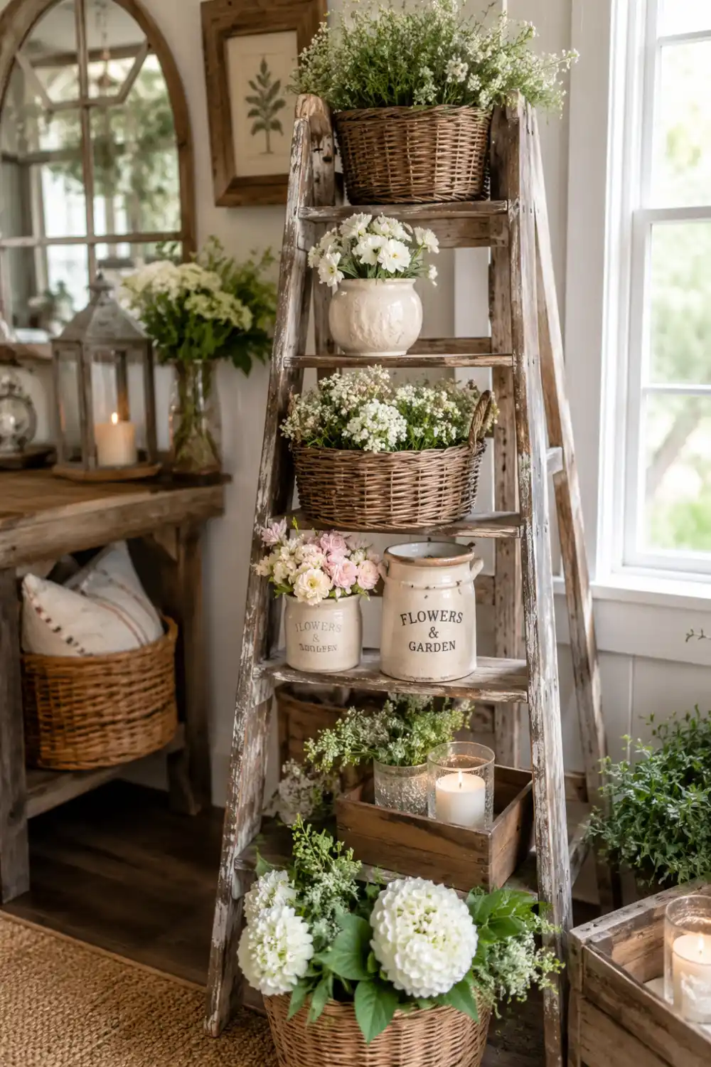 Rustic farmhouse flower ladder display decorated with woven baskets, white hydrangeas, candles, greenery, ceramic planters, and vintage wooden textures creating cozy cottage inspired decor.