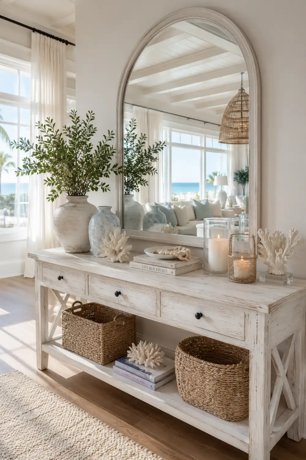 Coastal luxury console table with weathered wood finish, arched mirror, woven baskets, candles, coral decor accents, fresh greenery, and bright airy beach inspired styling.