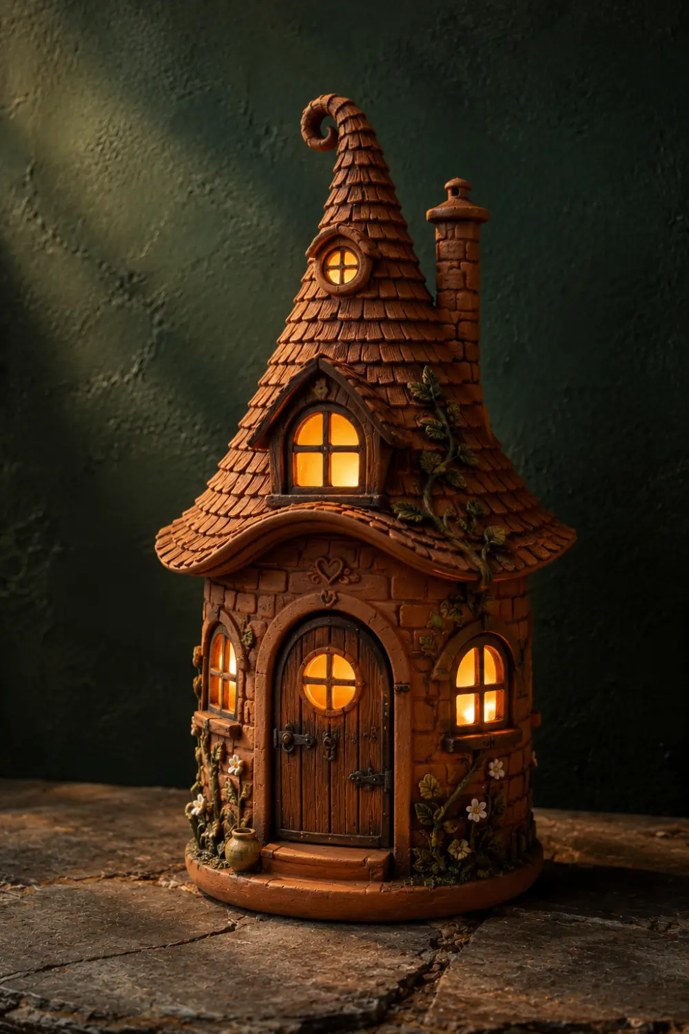 Handcrafted fairy house clay lantern with glowing windows and intricate architectural details. Magical pottery decor idea for cozy homes, cottage interiors, fantasy themed rooms, and decorative shelf styling.