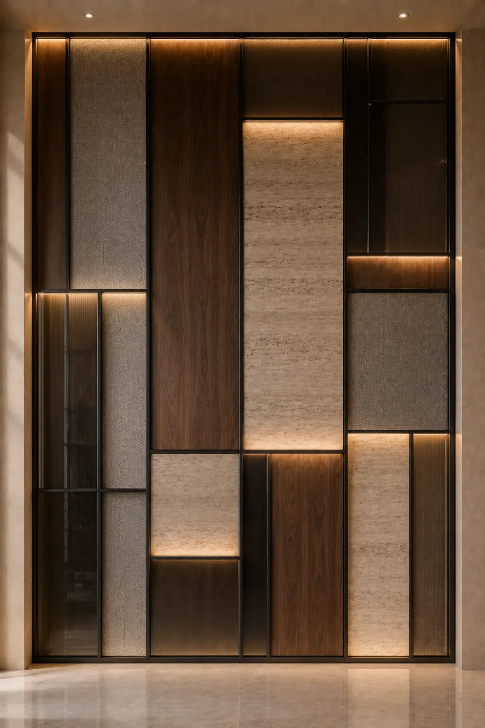 Black metal frame accent wall featuring wood, stone, and textured panel inserts with integrated lighting, luxury architectural feature wall, modern industrial inspired interior design.