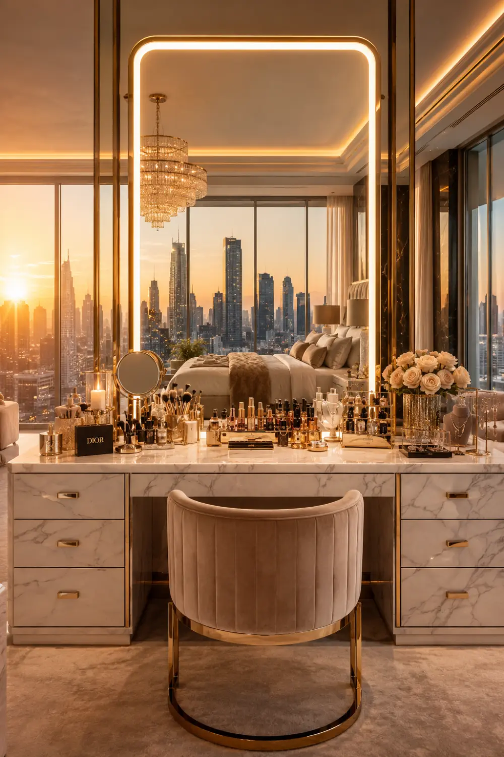 Modern penthouse dressing table with marble finish, city skyline views, floor-to-ceiling windows, luxury makeup collection, velvet chair, gold accents, and upscale bedroom interior design