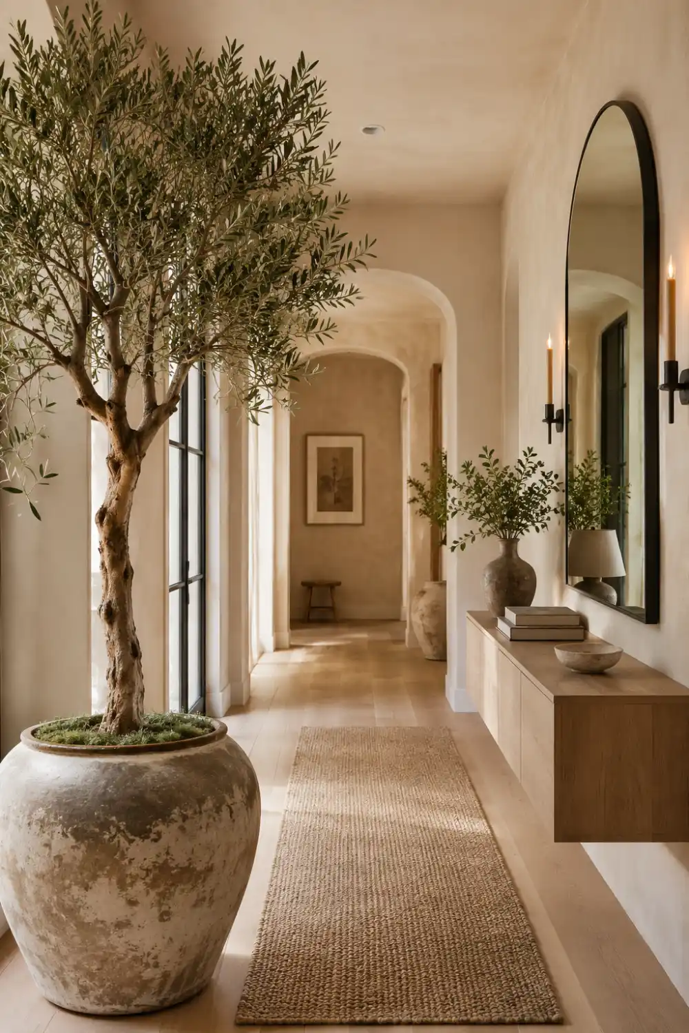 Organic modern hallway featuring a large indoor olive tree in a textured planter, floating wood console, oversized arched mirror, woven runner rug, warm beige walls, decorative pottery, and natural sunlight creating a serene luxury interior.