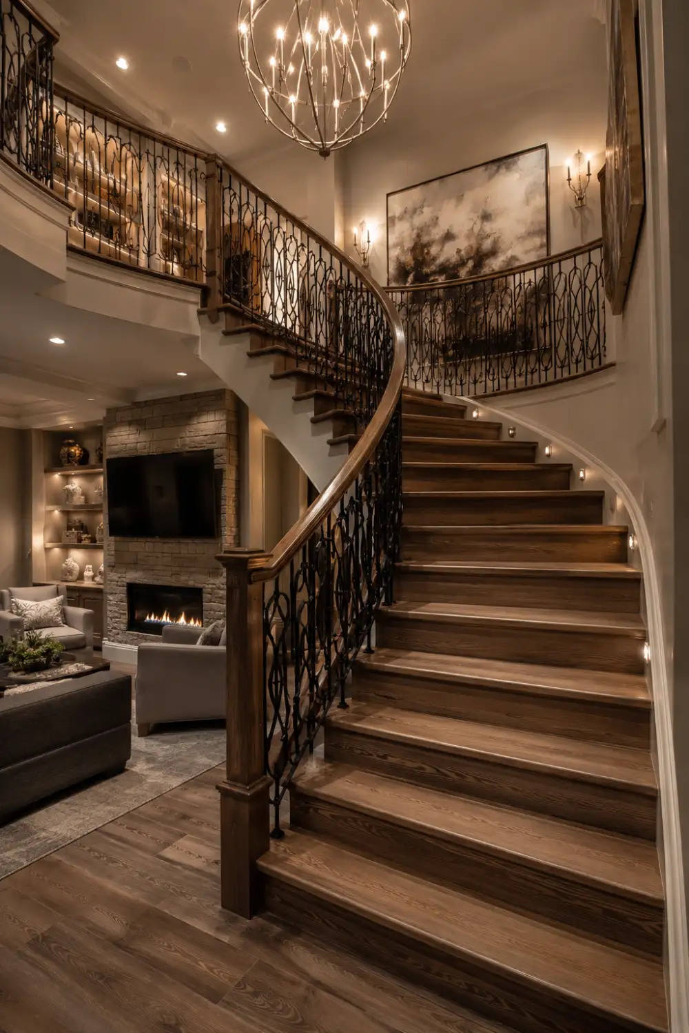 Luxury curved basement staircase with decorative iron balusters, wood treads, statement chandelier, elegant lighting, and upscale home interior