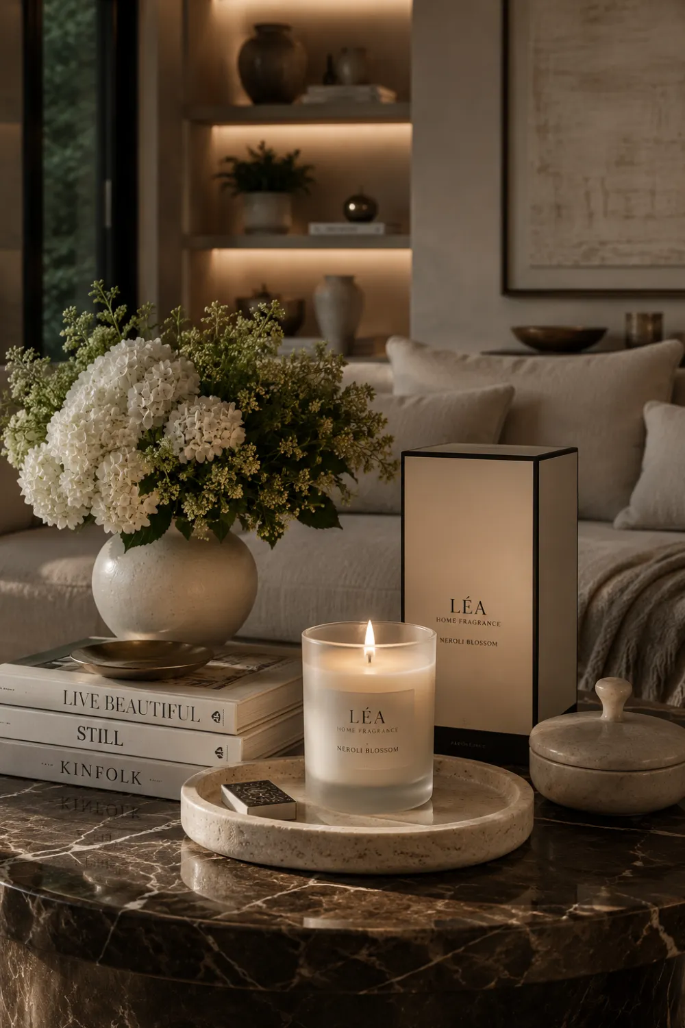 Premium luxury scented candle displayed on a marble coffee table alongside decorative books, floral arrangements, and elegant stone accessories. Warm candlelight creates a cozy atmosphere while enhancing the room's sophisticated decor.