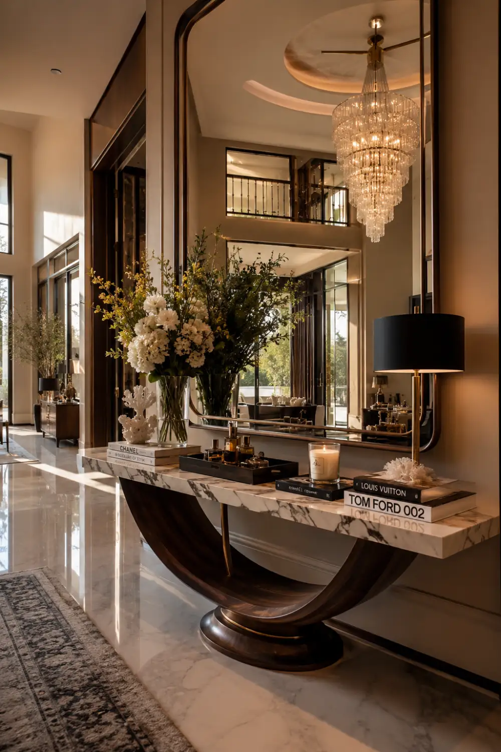 Boutique hotel inspired console table with marble top, sculptural wood base, oversized mirror, chandelier, designer books, floral arrangements, candles, and luxury foyer styling.