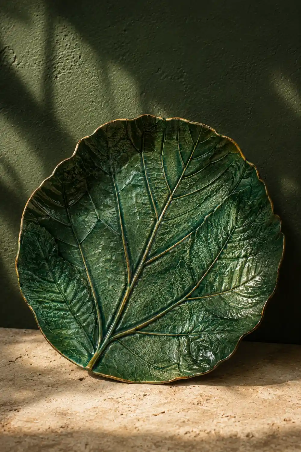 Green leaf impression clay plate featuring detailed botanical textures and nature inspired ceramic craftsmanship. Handmade pottery decor for dining room styling, kitchen displays, rustic interiors, and organic home decor.