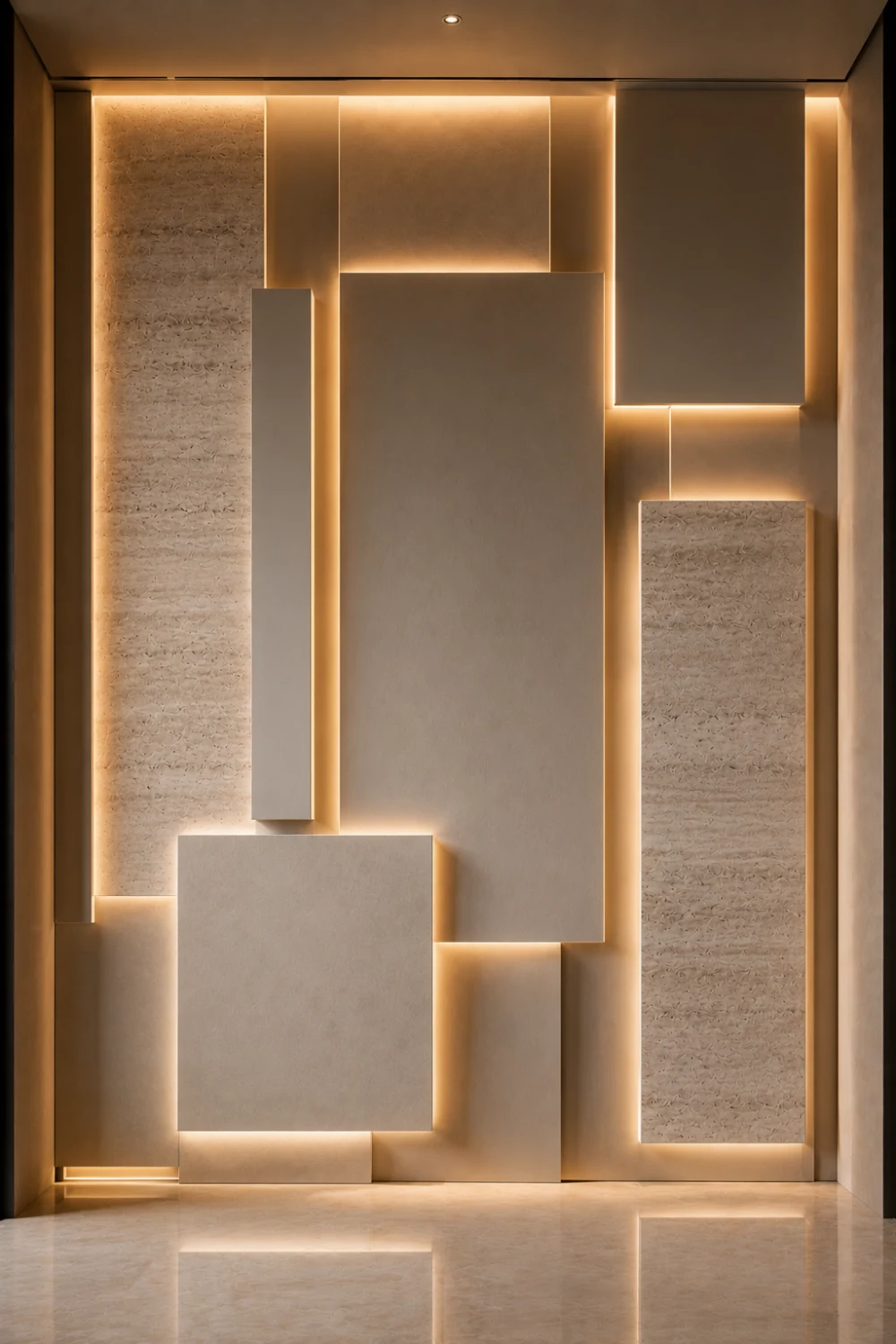 Layered floating panel accent wall with oversized geometric panels, hidden warm LED lighting, luxury modern feature wall, architectural interior design, contemporary designer home inspiration.
