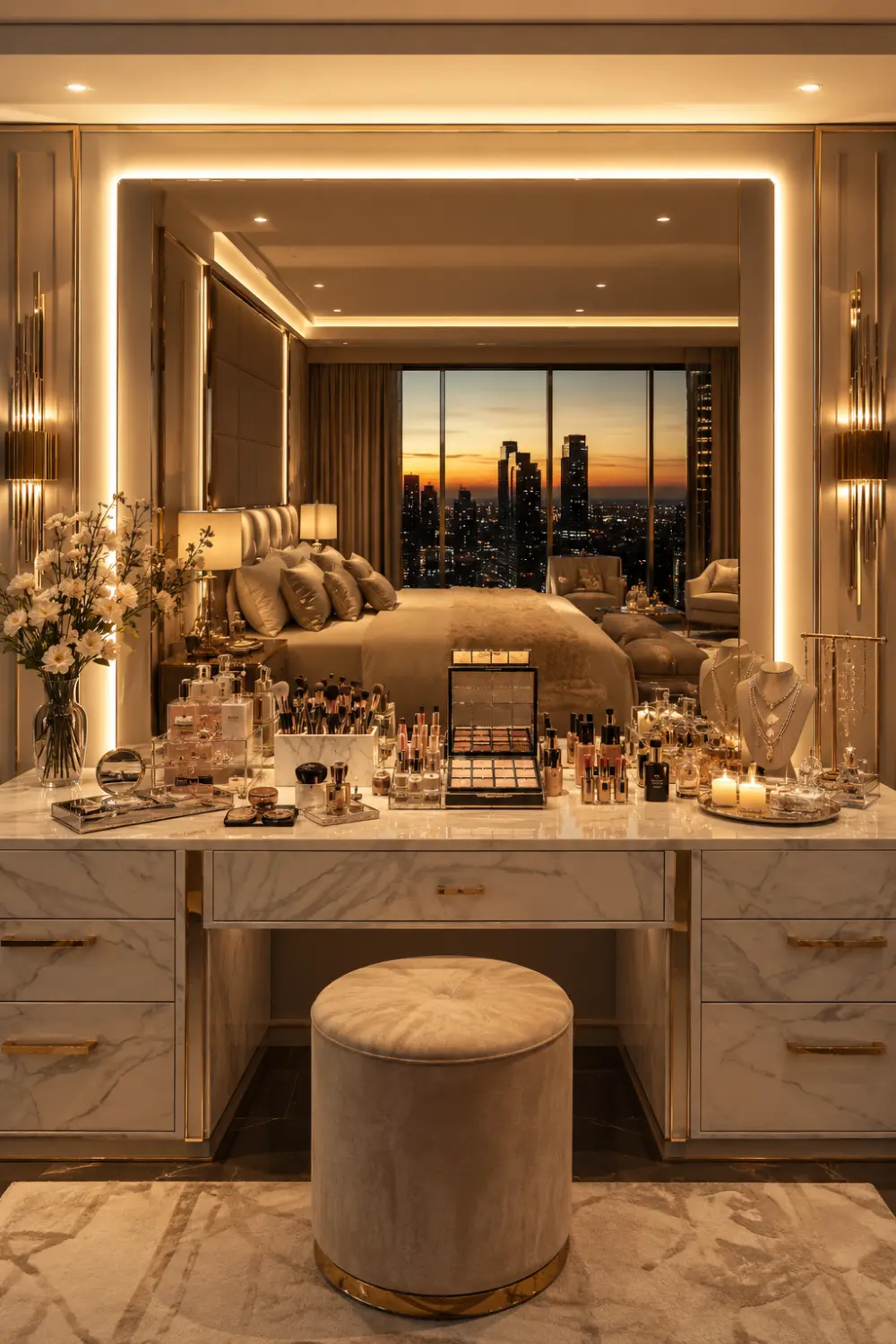 Boutique hotel dressing table with marble vanity, illuminated mirror, luxury makeup display, jewelry organization, decorative candles, velvet stool, and elegant bedroom with city skyline views