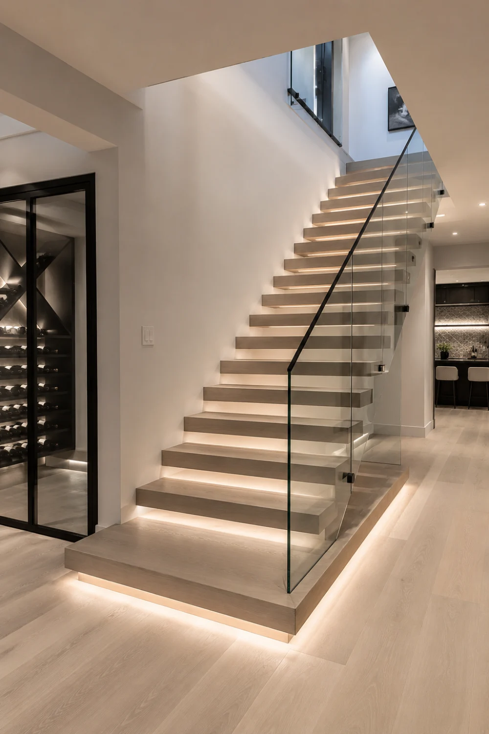 Minimalist open riser basement staircase with floating steps, frameless glass railing, integrated LED lighting, and contemporary luxury interior