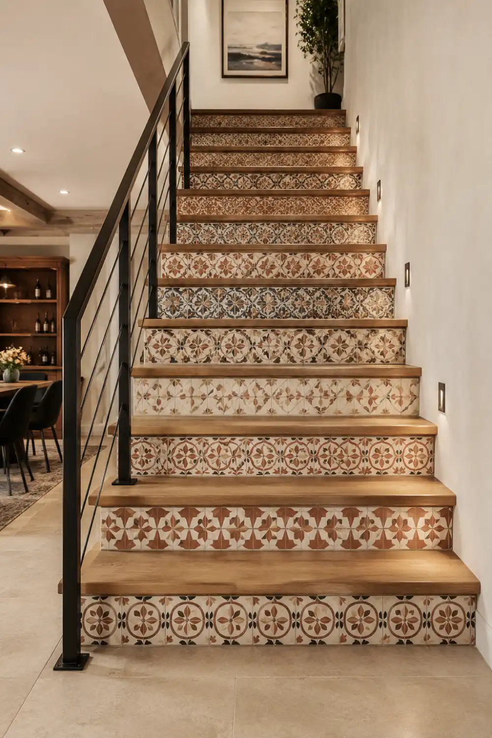 Basement staircase with decorative patterned tile risers, wood stair treads, black metal railing, Mediterranean-inspired design, and stylish home renovation