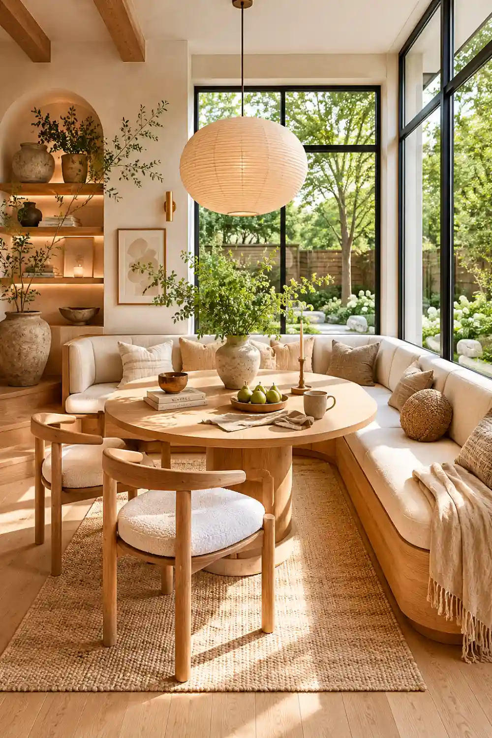 Bright window-facing breakfast nook with built-in upholstered bench seating, round natural wood dining table, woven area rug, designer paper lantern pendant light, open shelving, neutral decor, and large floor-to-ceiling windows overlooking a lush garden.